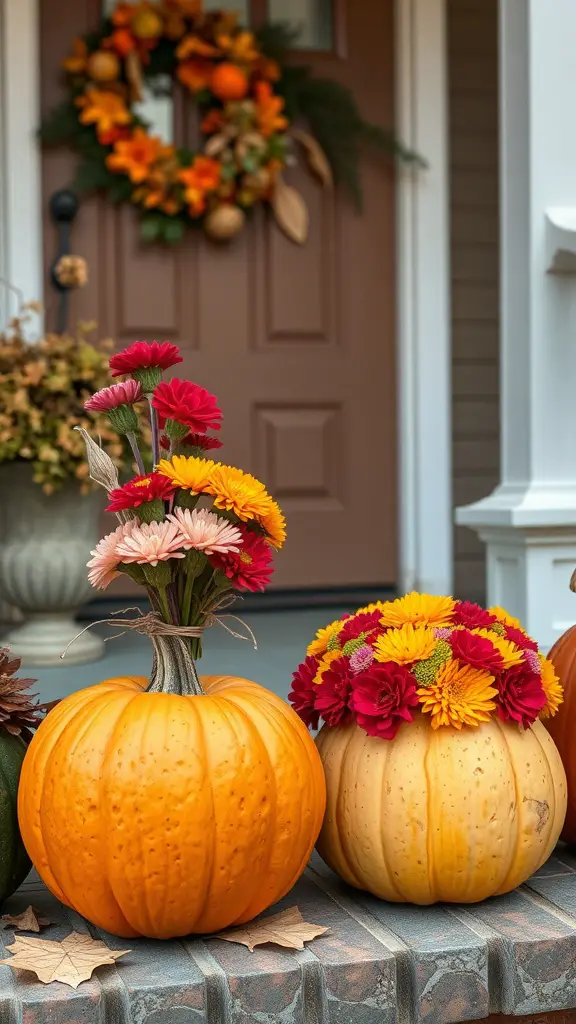 23+ Spooky DIY Outdoor Halloween Decorations to Enchant Your Yard 15 Two pumpkin planters with colorful flowers on a porch