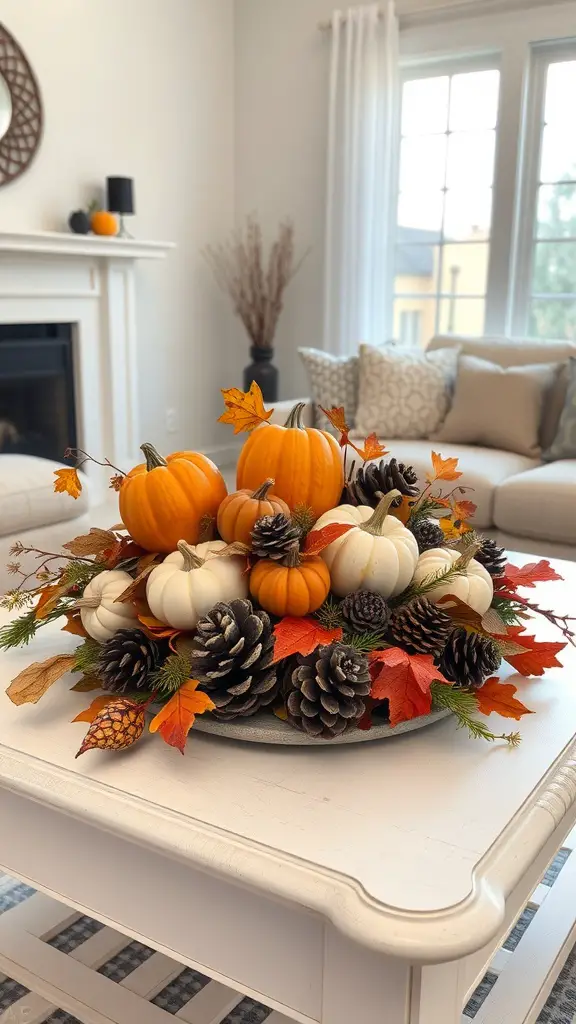 23+ Cozy Fall Living Room Decor Ideas to Transform Your Space 2 A fall centerpiece with pumpkins, pinecones, and autumn leaves on a coffee table.
