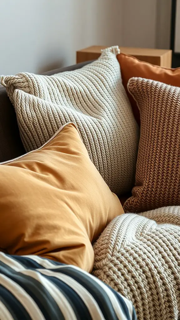 23+ Cozy Fall Living Room Decor Ideas to Transform Your Space 8 A cozy assortment of textured pillows on a couch, featuring chunky knits and warm colors.