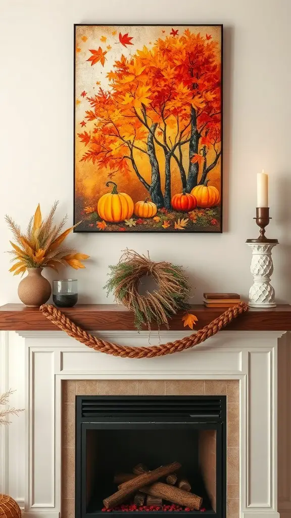 Cozy fireplace decorated with autumn leaves and pumpkins, featuring seasonal artwork above.