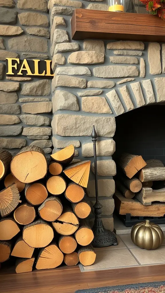A cozy fireplace with stacked wooden logs, a stone surround, and fall decorations.