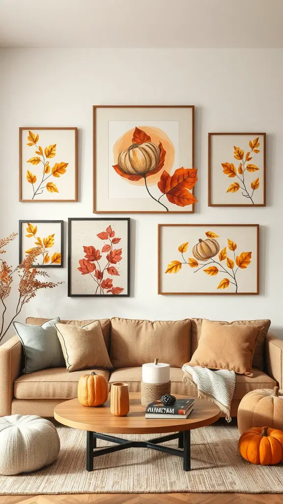 21+ Cozy Fall Decor Ideas from Hobby Lobby 2 Cozy living room with autumn-inspired wall art featuring pumpkins and leaves.