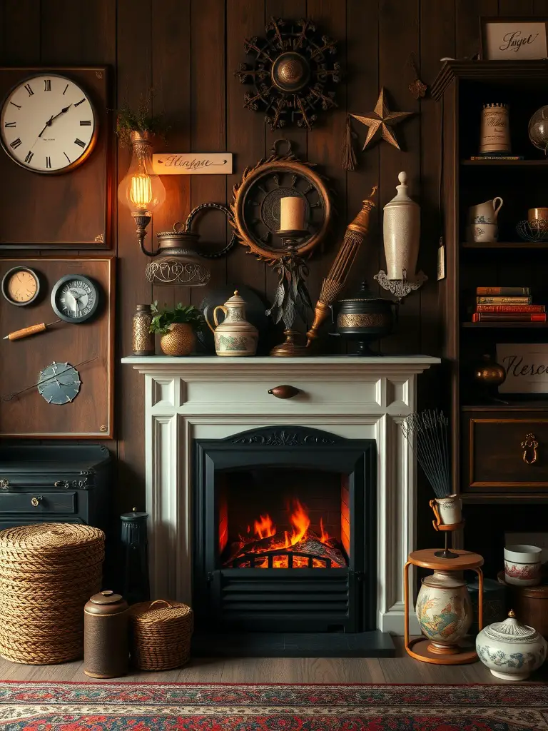 21+ Stunning Electric Fireplace Wall Ideas to Transform Your Space 15 A vintage-inspired electric fireplace with a white mantel, surrounded by various vintage decor items, including clocks, candles, and woven baskets.