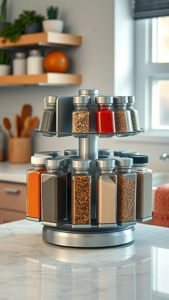 19+ Creative Spice Rack Ideas to Organize Your Kitchen 12 A modern rotating spice rack with various spice jars on a kitchen countertop.