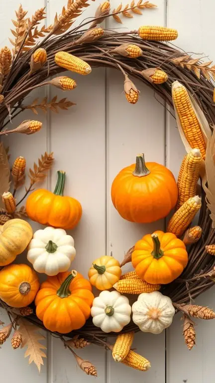 23+ Stunning Fall Wreath Ideas to Welcome the Season 8 A harvest cornucopia wreath with pumpkins and corn on a wooden background.