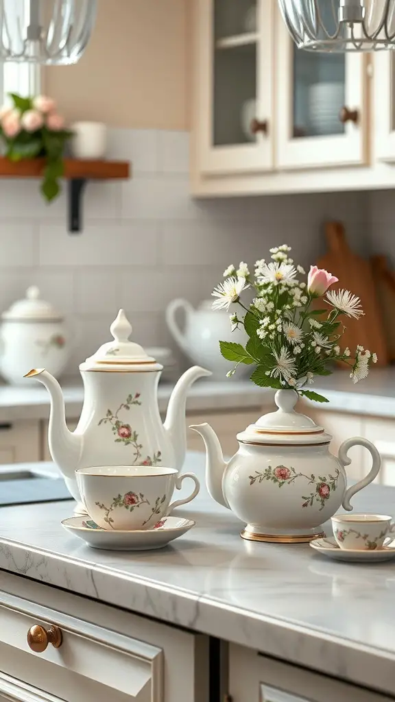 21+ Enchanting Cottagecore Kitchen Ideas to Transform Your Space 13 A vintage tea set displayed on a kitchen countertop, featuring floral designs and a small vase of flowers.