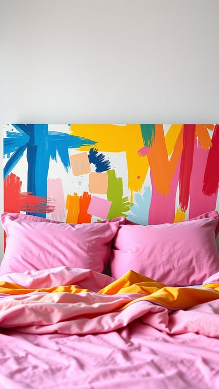 21+ Easy and Affordable DIY Headboard Ideas to Transform Your Bedroom 2 Colorful painted canvas headboard above a bed with pink bedding
