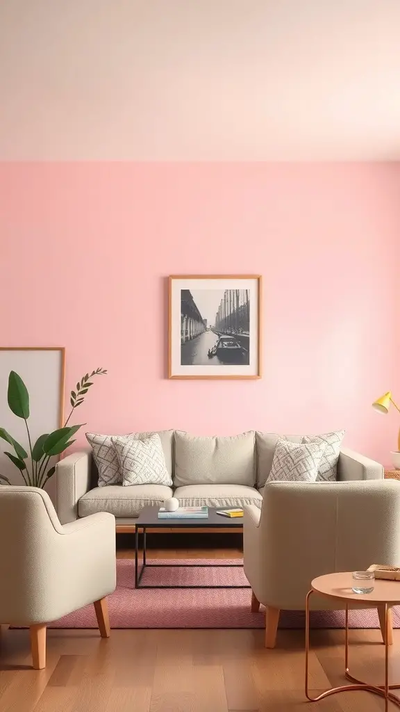A cozy living room featuring a soft pastel color palette with pink walls, beige furniture, and decorative accents.