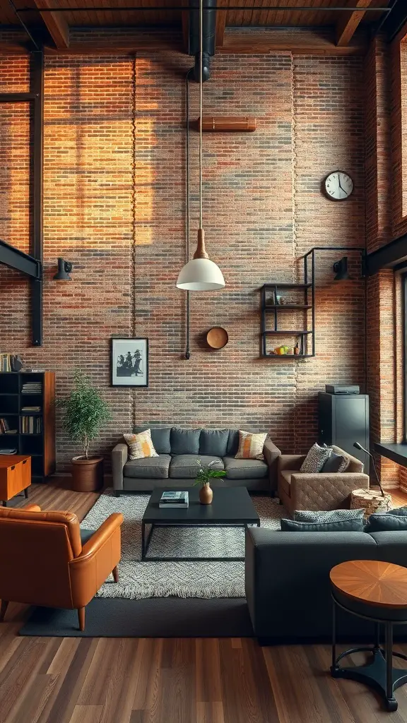 25+ Stylish Bloxburg Living Room Ideas You’ll Love 2 A cozy industrial loft living room featuring brick walls, modern furniture, and natural light.