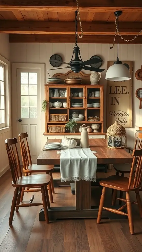 A rustic farmhouse dining room featuring a wooden table, chairs, and a hutch filled with dishware.
