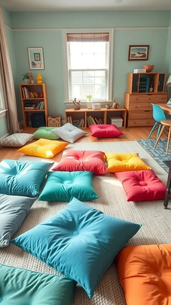 23+ Cozy Homeschool Room Ideas for a Perfect Learning Space 2 A cozy homeschool room featuring colorful floor cushions arranged on a rug.