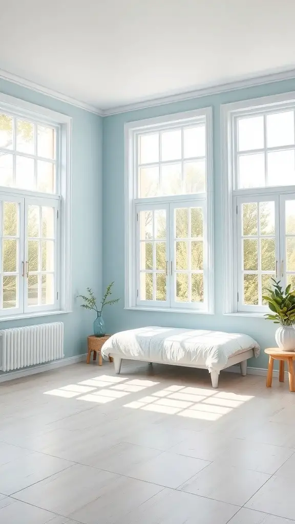 A bright and airy light blue bedroom with large windows and minimalist furniture.