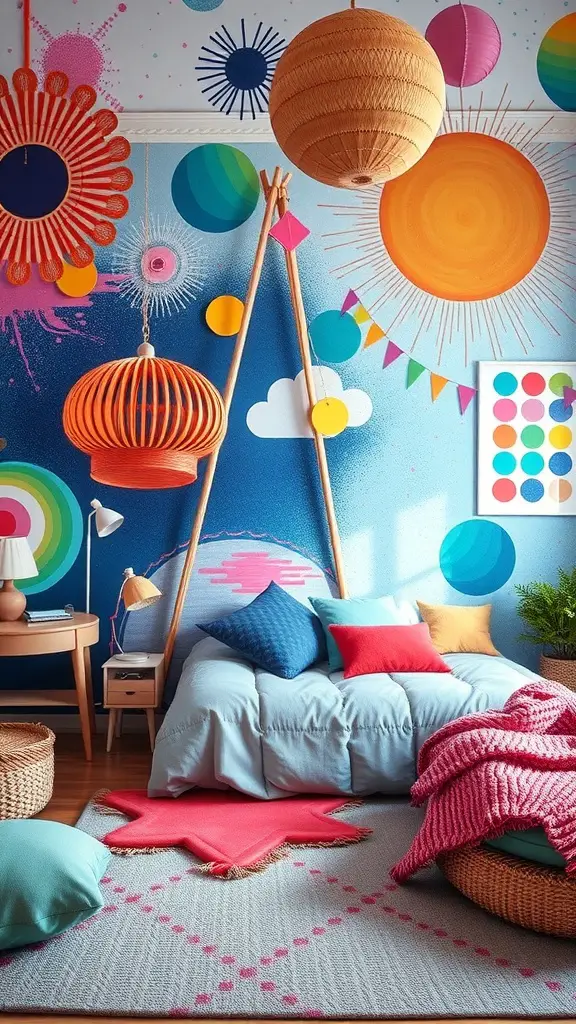 25+ Creative Bloxburg Teen Room Ideas You’ll Love 2 A colorful teen room featuring an artistic wall mural with suns and playful shapes.
