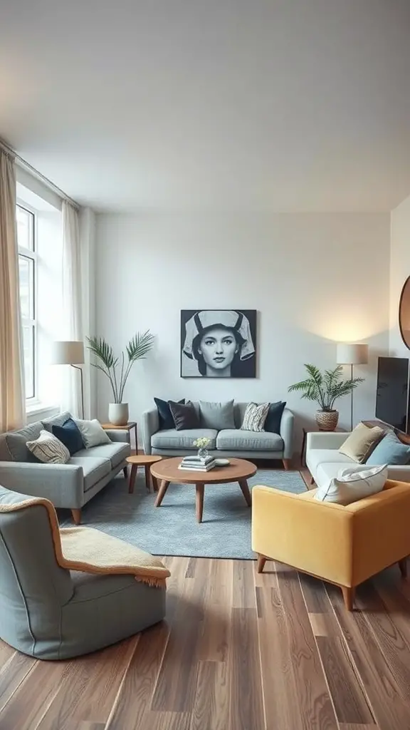A cozy living room with quirky furniture arrangements, featuring colorful chairs and a circular seating layout.