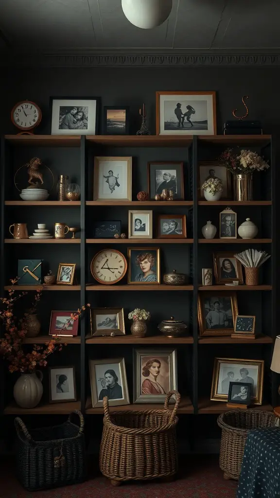 25+ Stunning Dark Feminine Decor Ideas for Your Room 14 A dark feminine room featuring a shelf filled with framed photos, decorative items, and woven baskets.