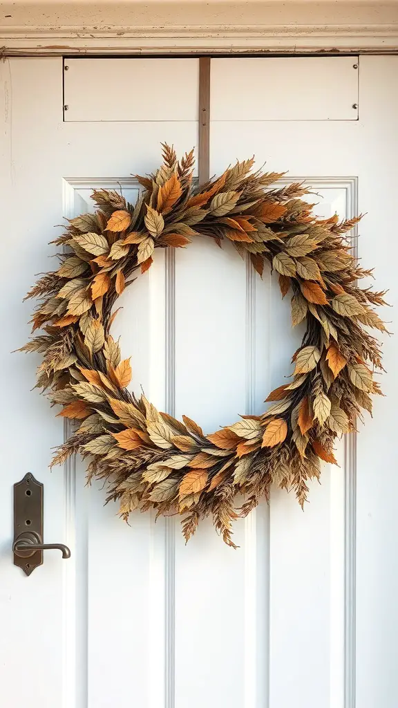A wreath made from dried leaves in warm autumn colors, hanging on a white door.