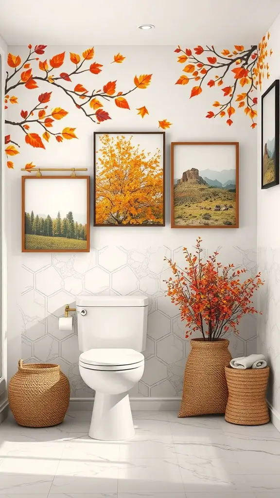 27+ Cozy Fall Bathroom Decor Ideas to Refresh Your Space 2 A bathroom with nature-inspired wall art featuring autumn leaves and framed landscape pictures.