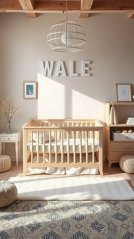 33+ Creative Nursery Organization Ideas for a Clutter-Free Space 10 A cozy nursery featuring a wooden crib, changing table, and soft rug, showcasing multi-functional furniture.