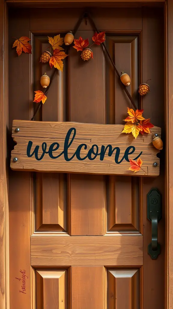 23+ Charming Fall Door Decorations to Welcome the Season 2 A wooden welcome sign decorated with autumn leaves and acorns hanging on a door.