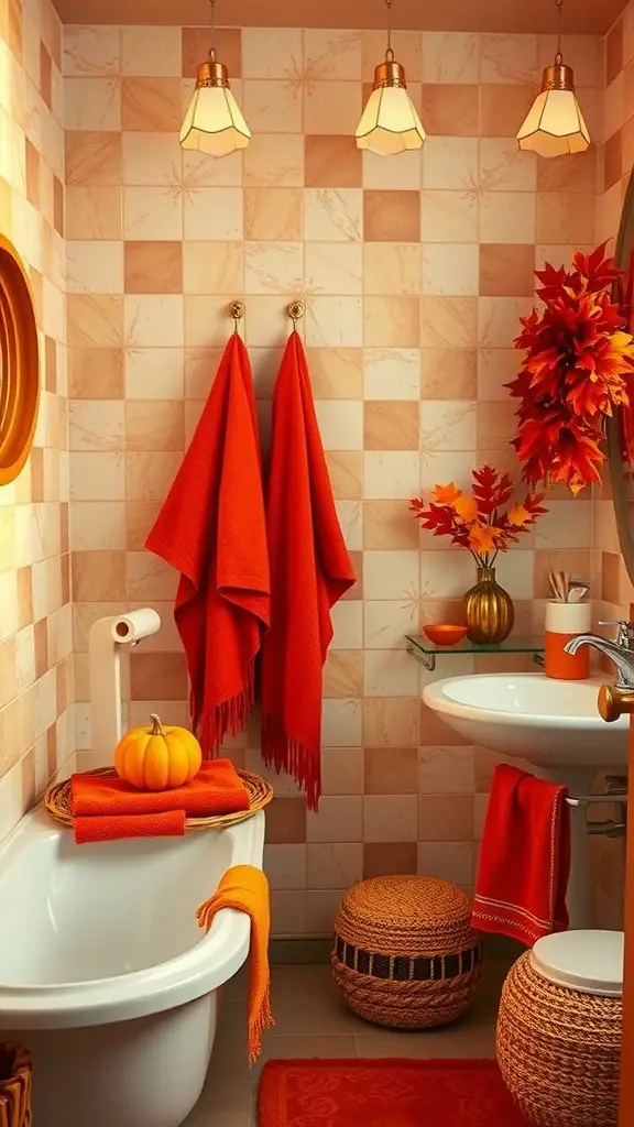 21+ Charming Fall Bathroom Decor Ideas to Transform Your Space 2 A cozy bathroom decorated with warm autumn colors, featuring red towels, a small pumpkin, and autumn leaves.