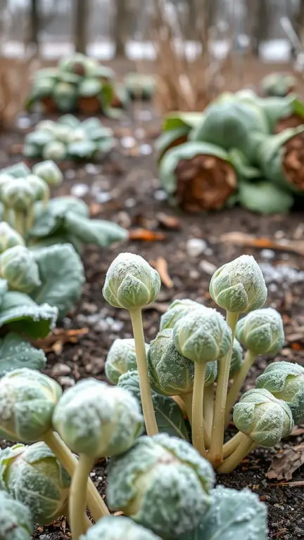 19+ Must-Grow Fall Garden Vegetables for a Bountiful Harvest 15 Frost-covered Brussels sprouts in a garden
