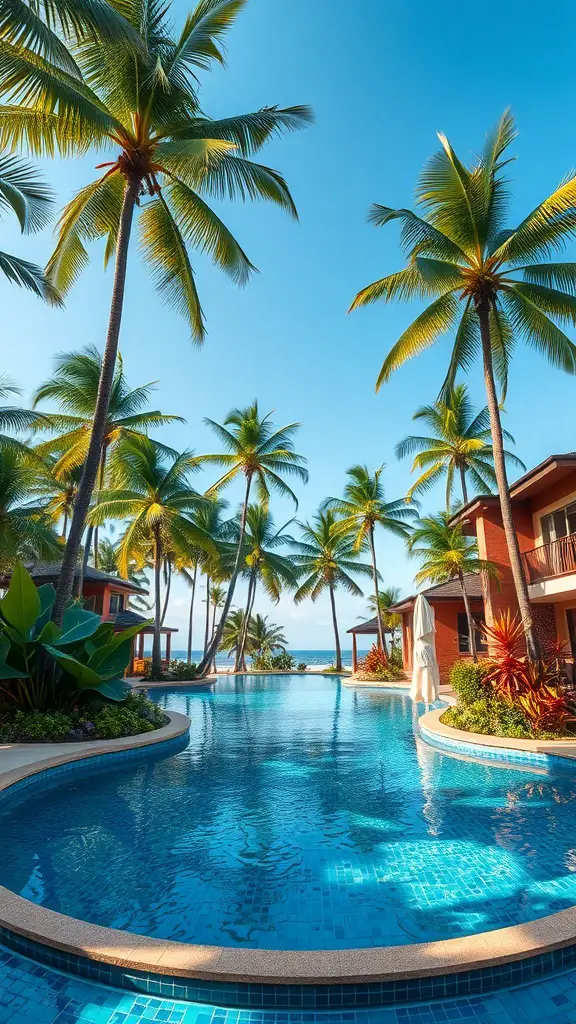 23+ Stunning Semi Inground Pool Ideas for Your Backyard Oasis 11 A beautiful semi-inground pool surrounded by palm trees and tropical plants.