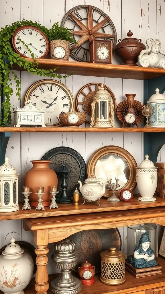 A wooden shelf filled with various antique decor items including clocks, lanterns, and pottery.