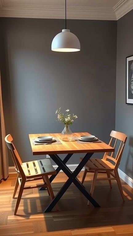 25 Creative Storage Ideas for Small Spaces 11 A foldable dining table with two chairs in a small room, featuring a vase of flowers on the table.
