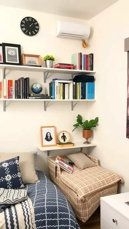 17 Stylish Small Dorm Room Ideas for Limited Spaces 2 A small dorm room with shelves above the bed, displaying books, plants, and decorative items.
