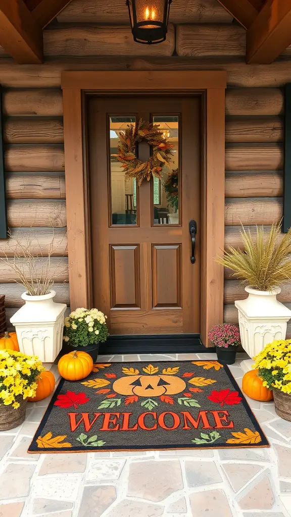 25+ Stunning Fall Front Door Decor Ideas to Transform Your Home 2 A front door with two seasonal welcome mats, pumpkins, and a wreath.