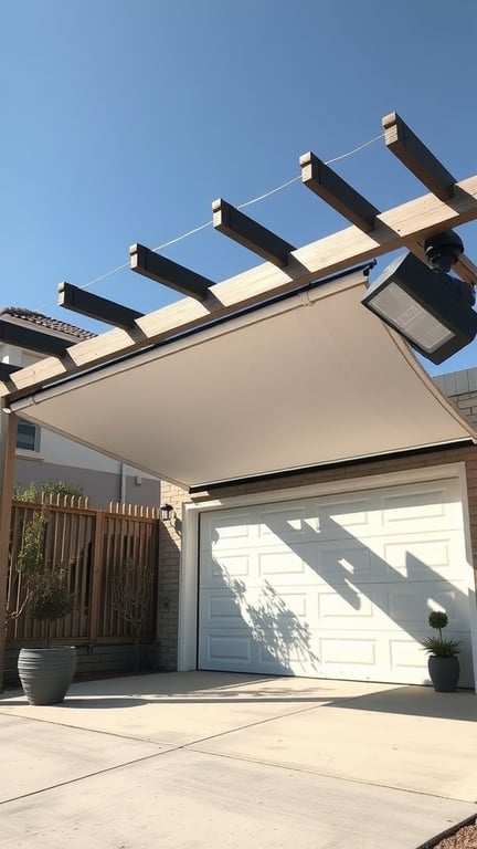 17+ Inspiring Garage Pergola Ideas for Your Outdoor Space 5 A wooden pergola with a retractable canopy above a garage, featuring a clear blue sky.