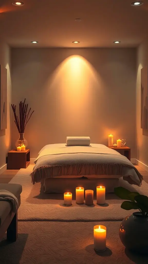 A serene massage room with soft lighting and candles.