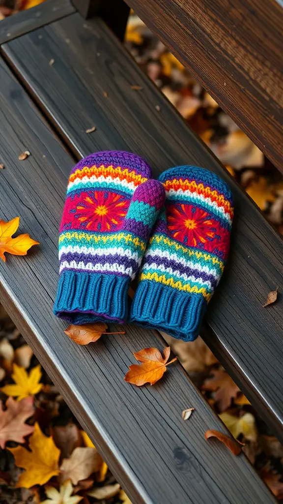 23+ Cozy Fall Crochet Ideas You’ll Love 8 Colorful crochet mittens on a wooden bench surrounded by autumn leaves
