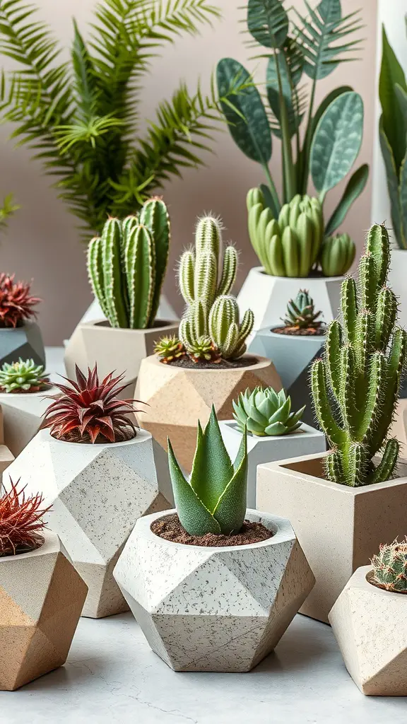 25+ Unique Plant Pot Designs You Need to Try 9 A collection of geometric concrete planters filled with various plants like cacti and succulents.
