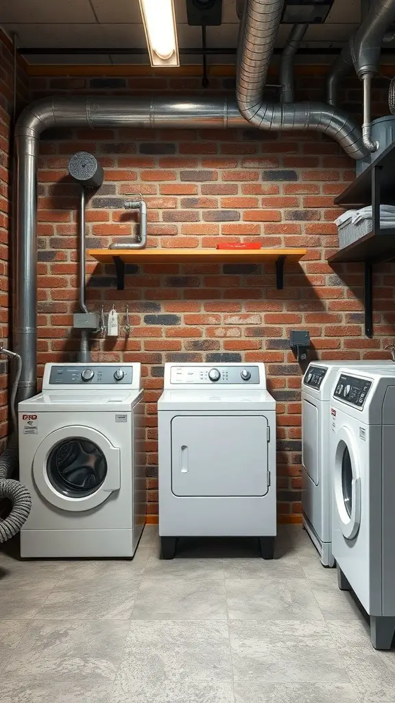Industrial chic laundry room with exposed brick walls and modern appliances.