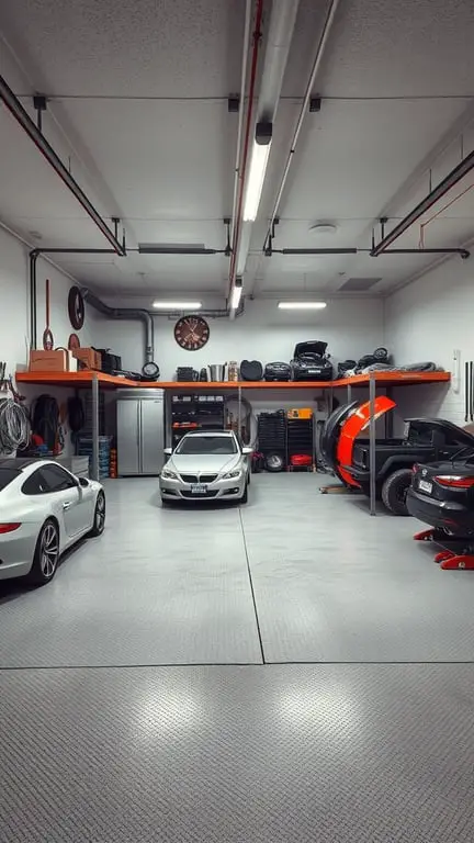 21+ Innovative Garage Layout Ideas You'll Love 4 A spacious and organized garage with multiple vehicles and neatly arranged storage.