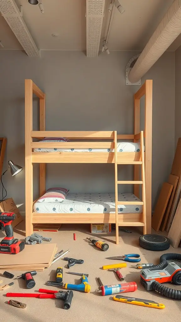 A DIY loft bed under construction with various tools scattered around.