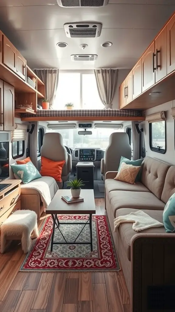 23+ Cozy RV Living Room Ideas for Ultimate Comfort 2 Cozy RV living room with a sofa, coffee table, and decorative pillows.