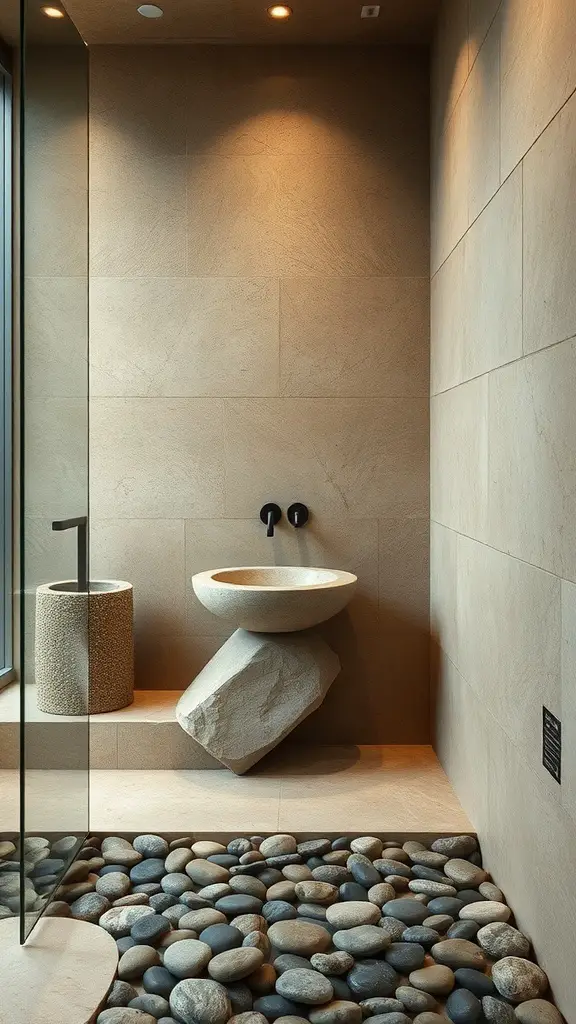 21+ Charming Fall Bathroom Decor Ideas to Transform Your Space 11 A modern bathroom featuring earthy stone elements, including a stone sink and pebble floor.