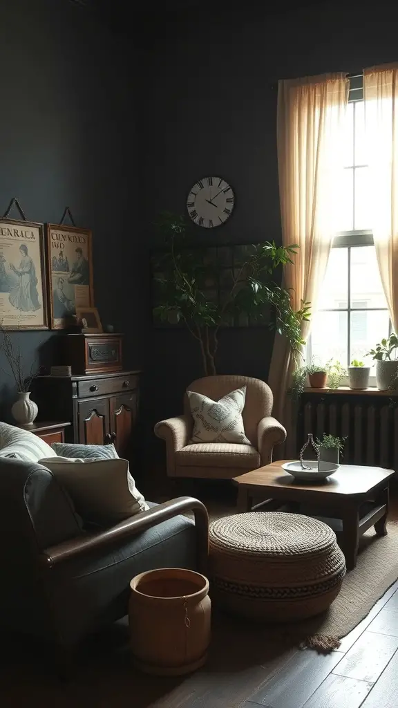A dark boho living room featuring vintage and handmade decor, including a wooden chair, woven pouf, and plants.