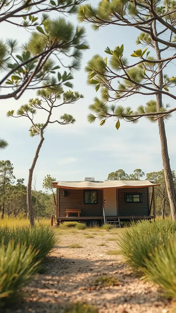 17+ Creative RV Shelter Ideas to Protect Your Home on Wheels 17 A cozy RV surrounded by tall trees and greenery, showcasing an eco-friendly shelter idea.