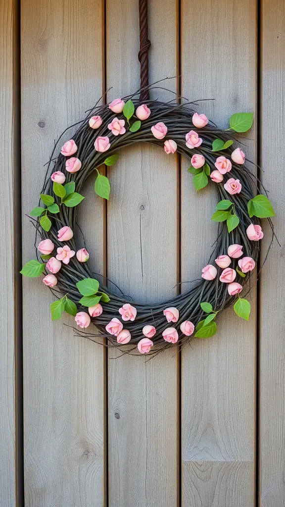 A rustic wreath made of twigs adorned with pink flowers and green leaves, hanging on a wooden wall.