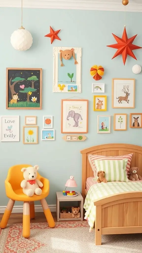 21+ Creative Kids Room Interior Design Ideas for Every Style 2 A cozy kids room with a variety of framed artwork on the wall, a bed with patterned bedding, and playful decor.