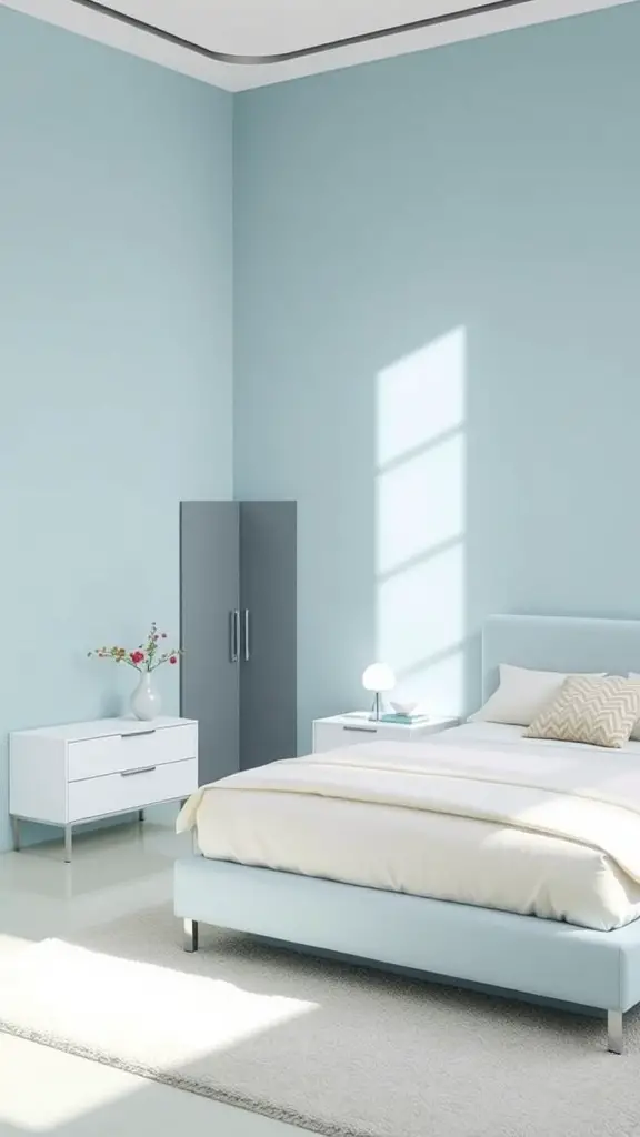 A modern minimalist bedroom with light blue walls, a cozy bed, and simple furniture.