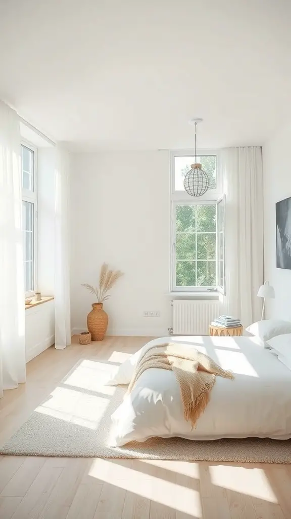 25+ Must-Have Items for a Cozy Scandinavian Bedroom 2 Bright Scandinavian bedroom with large windows, light wood flooring, and minimal decor.