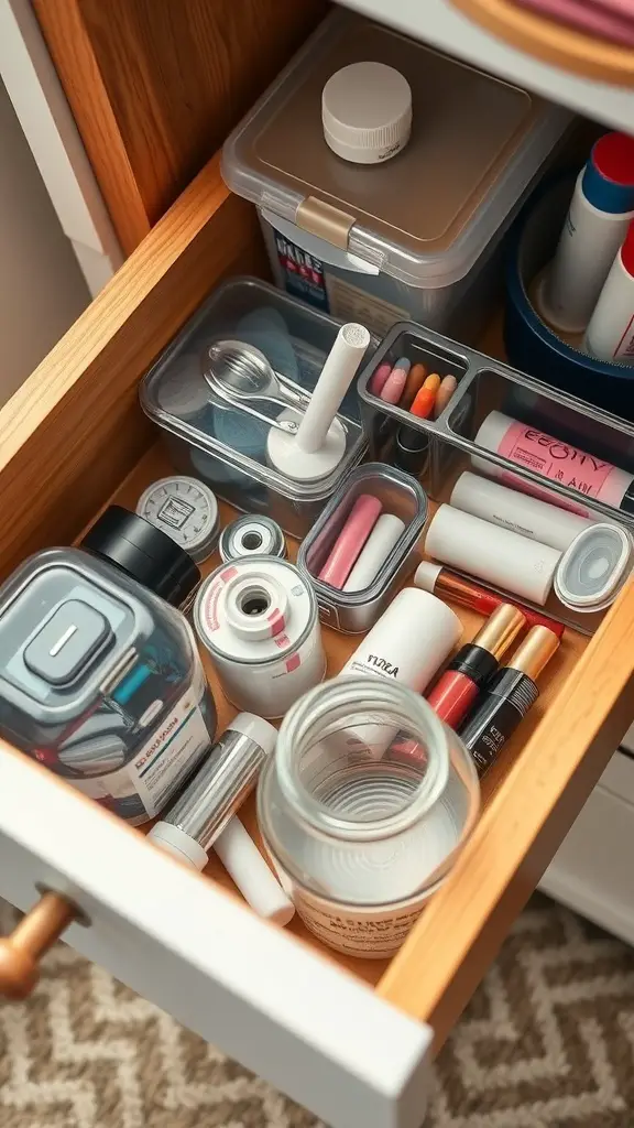 25 Creative Ideas for Dresser Organization with 15 Must-Have Items 13 A neatly organized dresser drawer with clear containers holding various beauty and skincare products.