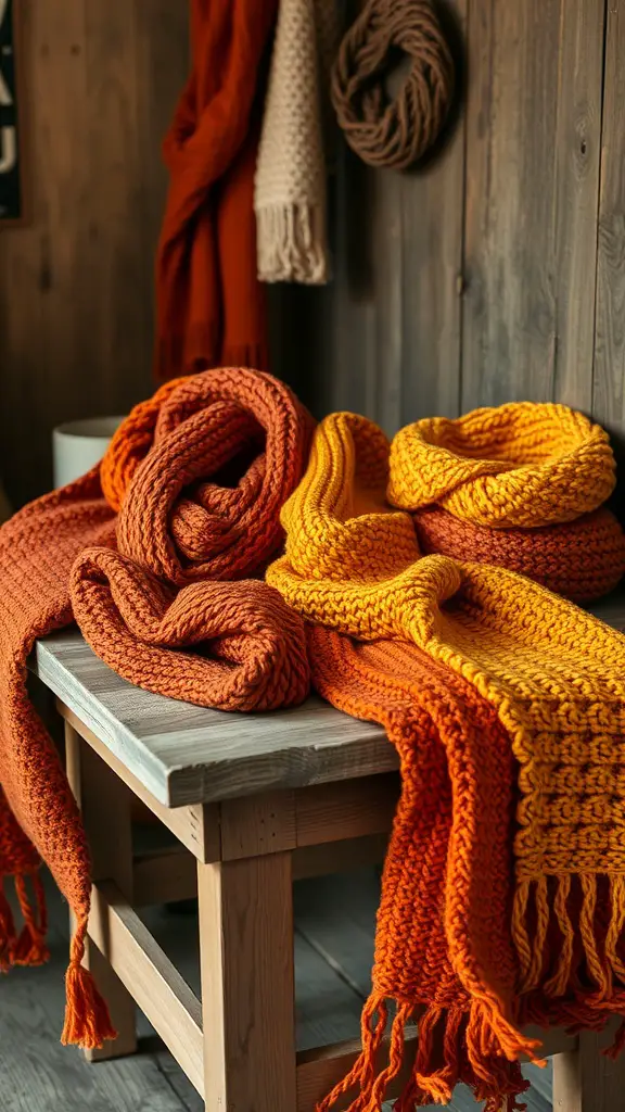 23+ Creative Fall Crafts to Sell This Season 6 A collection of cozy knit scarves in earthy tones displayed on a wooden table.