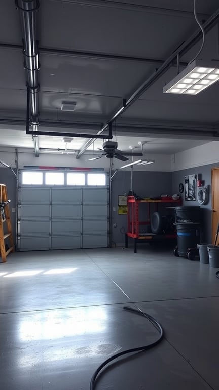 21+ Innovative Garage Layout Ideas You'll Love 13 A bright garage with overhead LED lights and a fan, showcasing efficient lighting solutions.