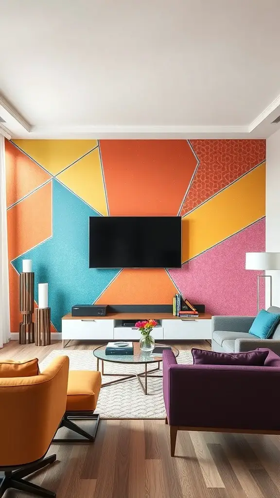 25+ Stunning TV Wall Ideas for Your Living Room 4 A living room with a colorful accent wall featuring geometric shapes and a mounted TV.
