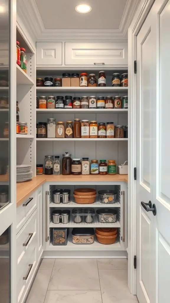 A well-organized butler's pantry with vertical storage solutions, featuring jars, baskets, and shelves.